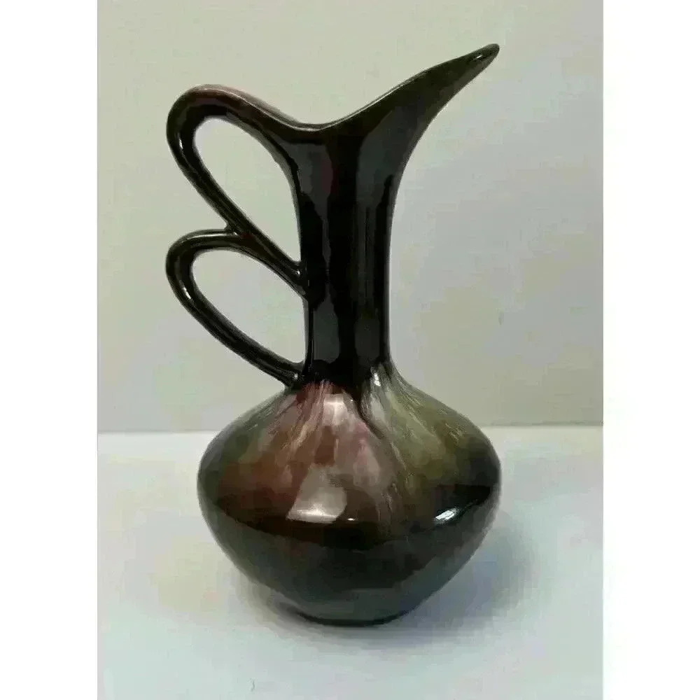 Vintage MCM Ceramic Cruet Pink Blue Gold Silver Drip Glaze Brown base Redware